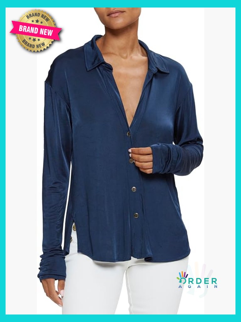 Soft Jersey Button Down Blouse Relaxed Fit V-Neck Chic Day To Night Top